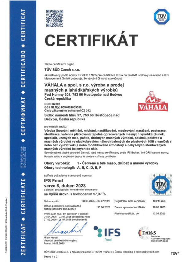 Certifikát IFS Food 2025